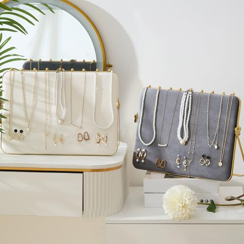 Colingmill 2 Pack Necklace Display Stand for Vendors 14 x 9.7 Inch Large Velvet Necklace Display Stand Double-sided Chain Holder Beige Grey Chain Jewelry Holder for Selling Craft Show Exhibidores