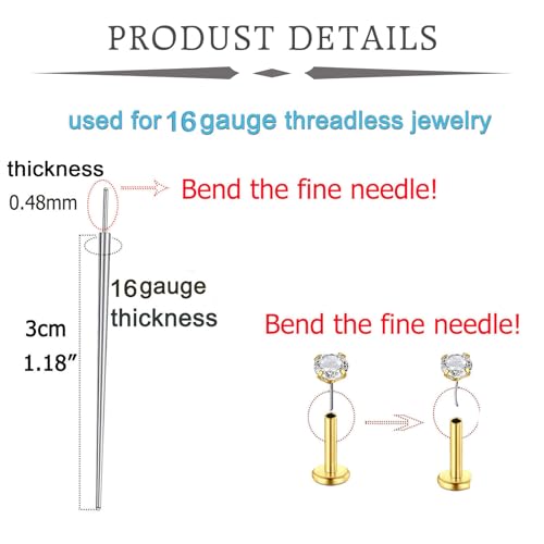 QWALIT Piercing Taper Threadless Insertion Tool - Titanium Labret Pin 16g, 18g, 20g - color: F32 - Gold Thick 16g