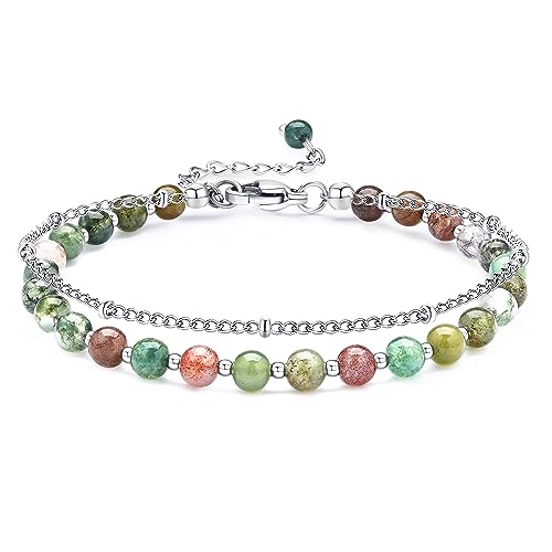 Peridot Stand Silver Gold Bracelets, Handmade Birthstone Stack Bracelet Crystal Gemstones Bead Chain Gift for Women, 8" - color: Color Agate
