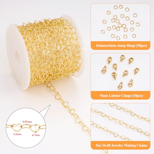 YOUBEIYEE 16.4 Feet Gold Plated Heart Link Chain for Jewelry Making Stainless Steel Chains Bulk on Spool - color: Flat Heart Gold
