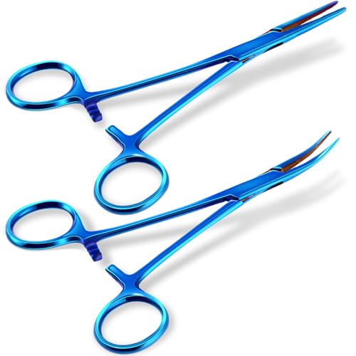 BBTO Hemostat Curved and Straight Hemostat Forceps Piercing Pliers Forceps, Stainless Steel Straight and Curved Pliers, Fishing Tweezer(Blue,2 Pcs) - color: Blue