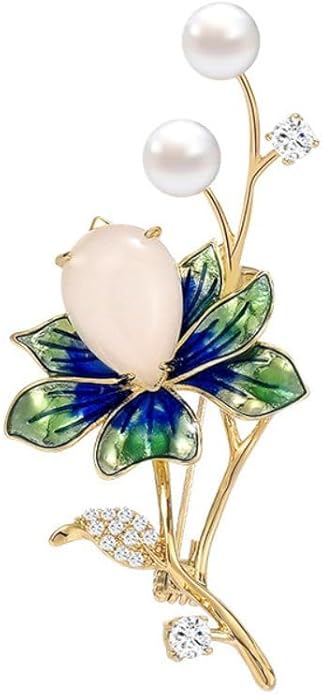 Enamel Iris Brooch - 18K Gold-plated Pin with Pearls & Rhinestones - Women's & Girls' Jewelry Gift