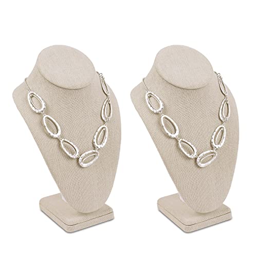 MOOCA 2 Pcs Linen Covered Wood Jewelry Display Necklace Chain Jewelry Bust Display Holder Stand, Necklaces Mannequin, 6 3/8 W x 4 1/4 D x 10 H in, Tan Linen - color: 6) Tan Linen, 2 pieces