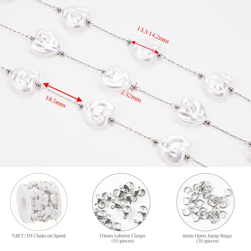 KYUNHOO 9.8 Feet Thin Paperclip Links Silver Stainless Steel Jewelry Chain on Spool Heart Necklace Imitation Pearl Chains for Making Crafts Finding Jewelry Supplies - color: Heart Silver