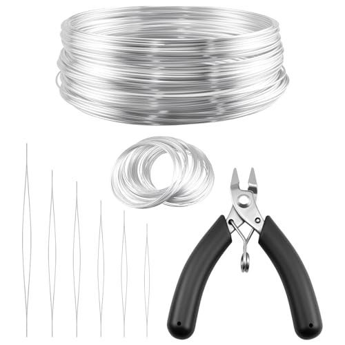 100 Loops Silver Memory Beading Wire with Cutter Tool and 6 Size Beading Needles for Jewelry Making, DIY Bracelet Necklace Ring Earring Craft, Solve Bead Stringing and Cutting Problem