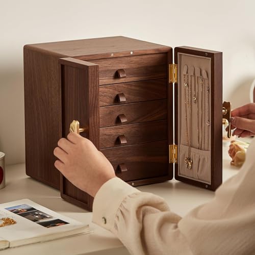CHOSIN Black Walnut Wooden Jewelry Box 5 Layer Large Wood Jewelry Organizer Brass Handle for Necklaces Rings Earrings Watches Storage Monther Mothers Day Gifts for Mom (7.9x8.7x10.0inches) - style: Ginkgo Leaf - Shaped Handle