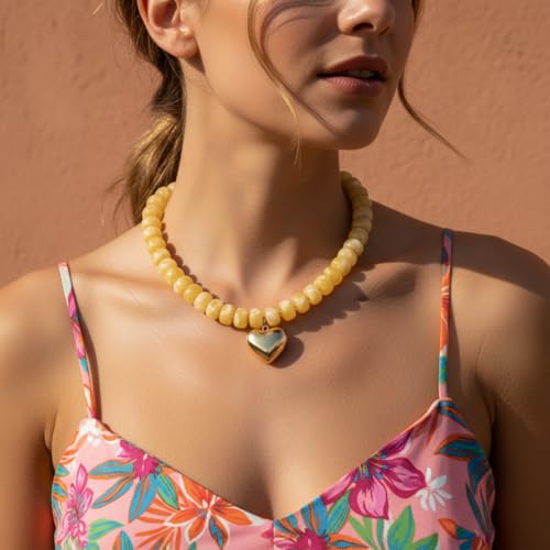 Chunky Heart Necklace for Women, Colorful Acrylic Beaded Statement Puff Heart Necklace, Cute Boho Y2K Choker Necklace for Gift Jewelry - color: Turmeric