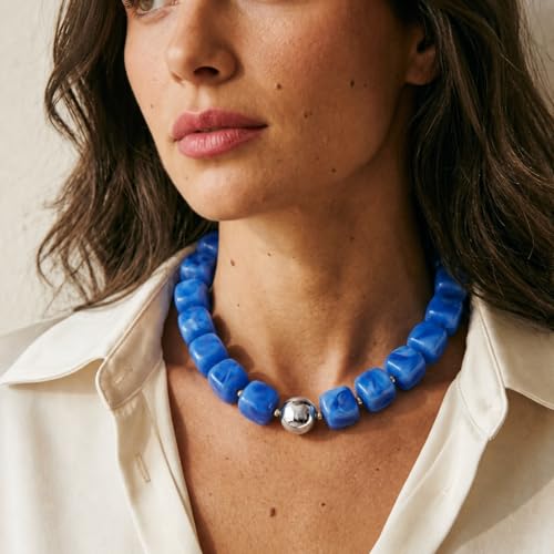 Mchic Colorful Beaded Choker Necklace for Women: Boho Large Square Acrylic Beaded Necklace Stainless Steel Adjustable Surfer Beach Strand Necklaces Summer Handmade Jewelry Gift for Women - color: Blue-Silver