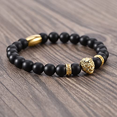 Ourania Onyx Lion Stone Bracelet Men - Black Onyx Beaded Stainless Steel Leo Head Bracelet Women 8mm - color: Gold
