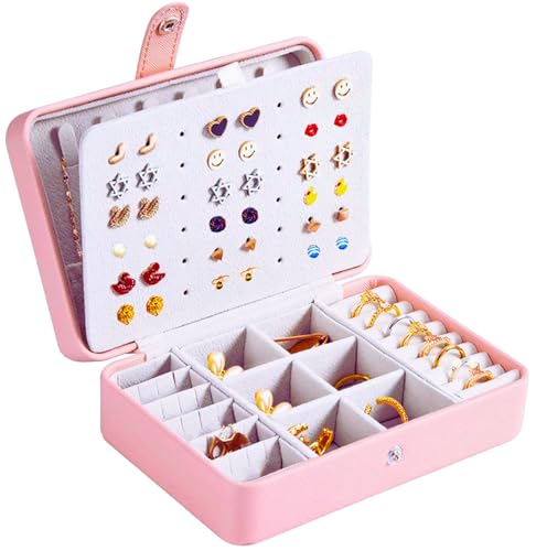 QBestry All-in-One Travel Jewelry Organizer for Women Pink | Small Jewelry Box with 68 Earring Holes | Compact Portable Jewelry Case for Earrings, Rings, Necklaces | Perfect Gifts for Mom Wife Girls - color: Light Pink