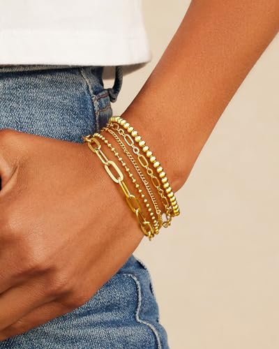 Waterproof Gold Chain Bracelet For Women Non Tarnish,14K Gold Plated Link Dainty Bracelets Stake Layered Bracelet Set Hypoallergen Gold Jewelry - color: Style-4