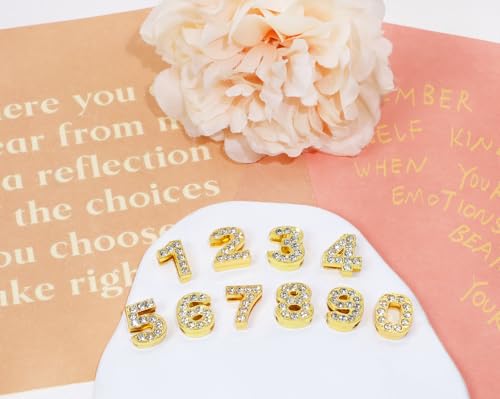 Shapenty 10mm Full Rhinestone 0-9 Number Slide Charms Spacer Beads for DIY Craft Bracelet Wristband Necklace Choker Keychain Hair Clip Jewelry Making, 50PCS - color: Gold