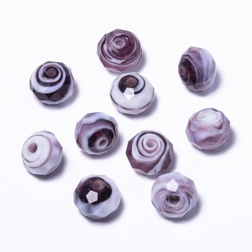 7.5×10mm 50pcs Purple White Faceted Lampwork Glass Beads for Jewelry Making, Flat Round Handmade Murano Beads for Bracelets, Crafts, Friendship Bracelet Kit, Rosary Making - color: Purple White