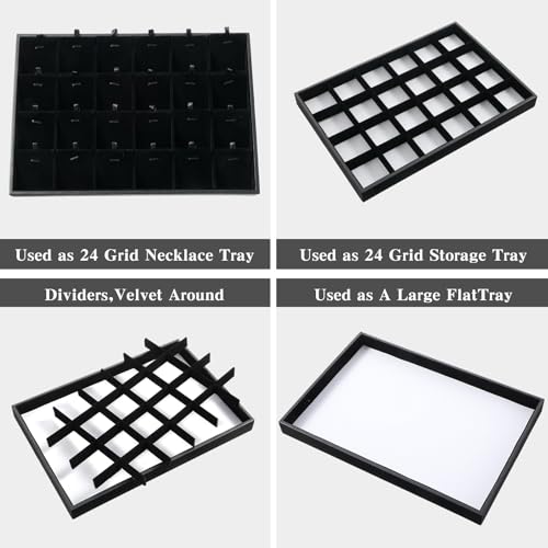 2-Pack 24 Grids Stackable Jewelry Tray Organizers with Removable Dividers – Velvet-Lined Display Trays for Earrings, Necklaces, Bracelets, Rings – Black