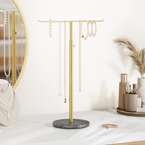 Gold Necklace Holder Jewelry Organizer Stand – Adjustable Height T‑Bar Jewelry Display with Dark Gray Marble Base, Necklace & Bracelet Holder, Countertop Jewelry Stand - color: Glod & Black
