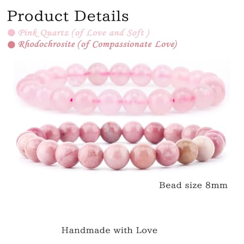 NCB 2.3-Piece 4mm Natural Crystal Gemstone Stretch Bracelets – Handmade Reiki Energy Healing Jewelry for Meditation,Yoga, Unisex - color: 2PCS ( Pink Quartz+Rhodochrosite ), size: 8mm