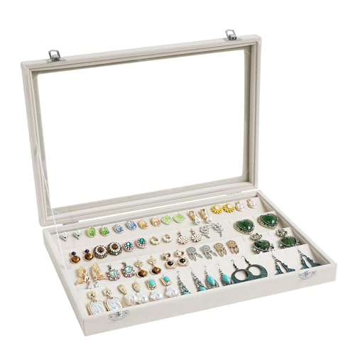 Wudygirl Jewelry Organizer Velvet Earring Organizer with Clear Lid 32 Pairs Earring Holder Jewelry Tray Display Case (Beige 64 Slot) - style: Beige Earrings Tray