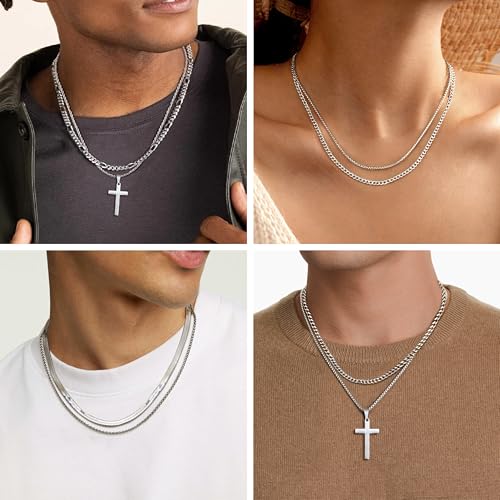 LOYALLOOK 6PCS Silver Chain for Men Women Stainless Steel Cross Chain Layered Cuban Link Figaro Snake Box Chain Cross Pendant Necklace 18-20IN/20-22IN - size: 18inch/20inch