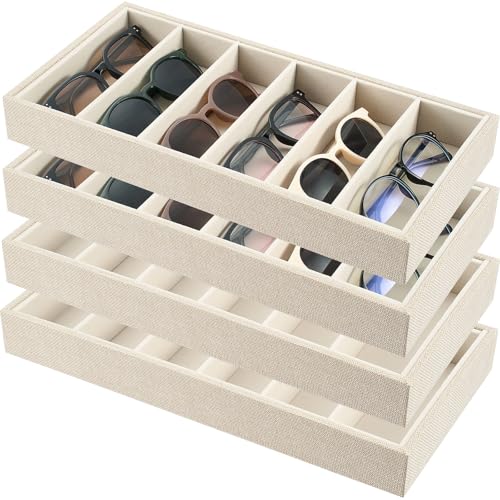 Juexica 4 Pcs Velvet Sunglasses Organizer Tray 6 Grid Sunglass Organizer Velvet Tray Stackable Glasses Display Case for Women Glasses Jewelry Display Watch (Linen) - color: Linen