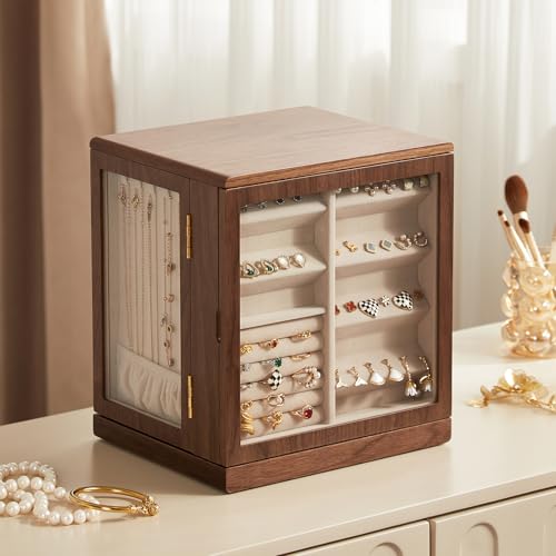 CHOSIN Black Walnut Wooden Jewelry Box, 360° Rotating Organizer with Glass Lid, 5 Drawers for Earrings, Rings, Necklaces – Vertical Jewelry Storage for Women Mothers Day Gifts for Mom - style: 360° Rotatable