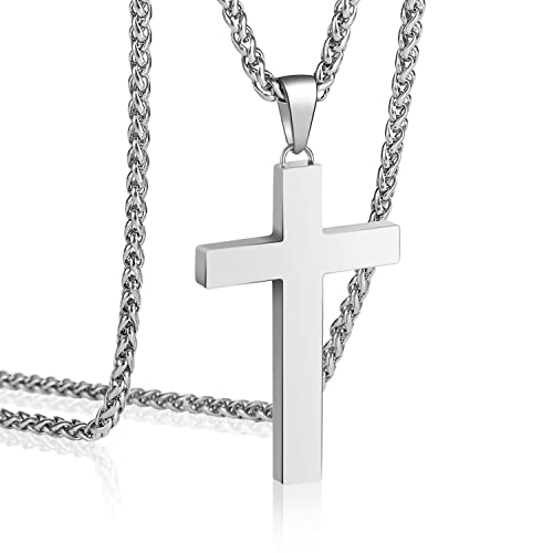 P. BLAKE Stainless Steel Cross Pendant Necklace for Men Boys, Christian Cross Pendant with 16-24 Inches Chain Cross Necklace Jewelry Gifts - size: 18 Inches, style: Silver Pendant 1.7*0.9