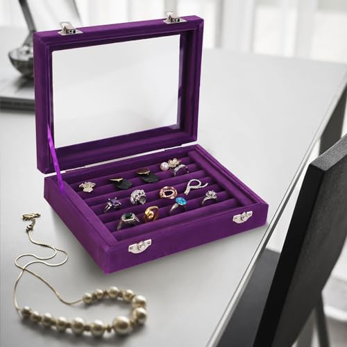 Jewelry Box Rings Organizer Tray 7 Slots Velvet Jewelry Earring Storage Box With Transparent Lid Jewelry Display Case for Girls Women (Purple) - color: Purple