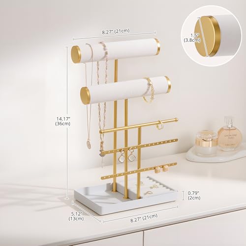 Lolalet Bracelet Display Stand Necklaces Holder, 5 Tiers Jewelry Organizer and Storage Rack with Velvet Slot and Metal Base, for Women Bangles Watches Ring Earrings -White - color: White