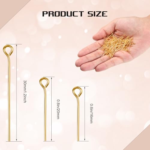 Junkin 1400 Pcs Eye Pins Mix Jewelry Findings 0.63 * 0.79 * 1.18 in Open Eye Head Pins Findings for Jewelry Making DIY Necklace Bracelets(Retro Gold) - color: Gold