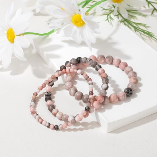 3Pcs Natural Healing Crystal Bracelets for Women Men, 4mm 6mm 8mm Beaded Stretch Bracelet Set, Black Tourmaline Natural Stone Gemstone Jewelry Gifts for Meditation, Reiki & Yoga - color: Pink Zebra Jasper