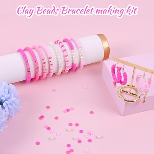 Wuollgess 3500PCS Pink Clay Beads for Bracelet Making Kit, Heishi Beads for Jewelry Making, Friendship Bracelet Kit, Spacer Beads for Adult Necklace Earring DIY - color: Pink