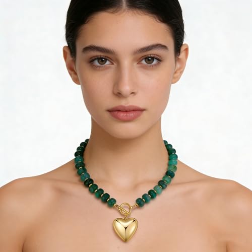 GZQ Chunky Gold Heart Necklace for Women, Resin Beaded Chain with Puff Heart Adjustable Clasp, Perfect for Daily Wear Party Date Streetwear Outfits Fashion Jewelry Gift - color: Green