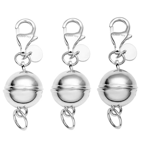Set of 3 9mm Round Magnetic Lock with Lobster Clasp in Rhodium Over Sterling Silver 7.40 Grams Gifts - color: Set of 3 Silver