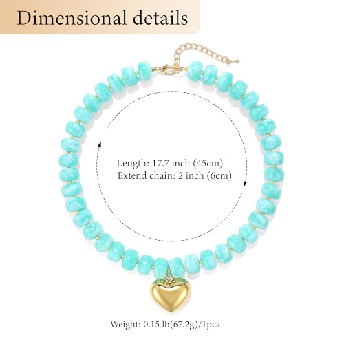 Chunky Heart Necklace for Women, Colorful Acrylic Beaded Statement Puff Heart Necklace, Cute Boho Y2K Choker Necklace for Gift Jewelry - color: Lake Blue