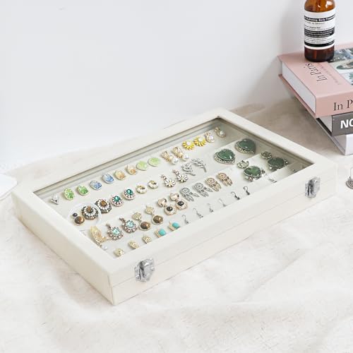Wudygirl Jewelry Organizer Velvet Earring Organizer with Clear Lid 32 Pairs Earring Holder Jewelry Tray Display Case (Beige 64 Slot) - style: Beige Earrings Tray