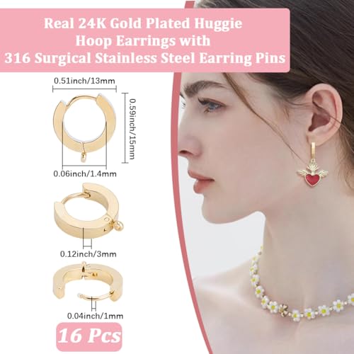 Beebeecraft 1 Box 16Pcs Huggie Hoop Earring Findings 24K Gold Plated Round French Leverback Earring Hooks with 316 Surgical Stainless Steel Pin for Jewelry Making DIY Crafts (13x15mm) - color: Gold