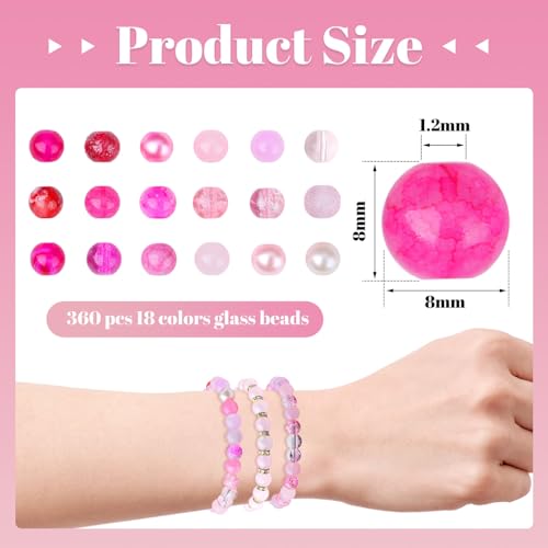 DUQGUHO 8mm Pink Beads for Jewelry Making Pink Glass Beads for Crafts Rose Glass Round Bead for Bracelets, Necklaces & DIY Crafts 360PCS - color: 6-Pink