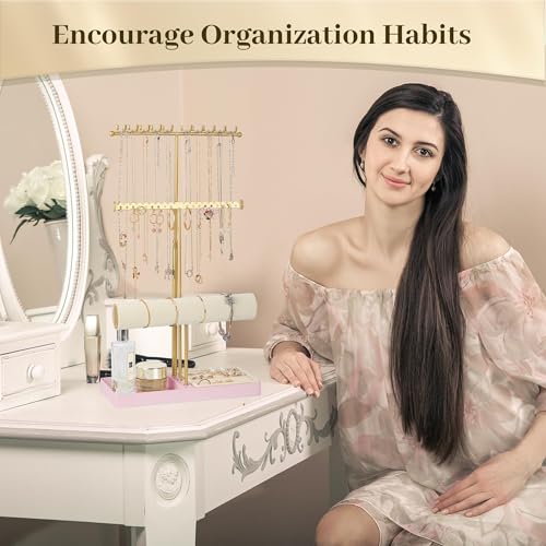 Tirzah 3-Tier Adjustable Gold Jewelry Holder Organizer Stand with 20 Necklace Hooks, 18 Earring Holes and Notches, Bracelet Holder, 6 Ring Rolls, Pink Tray for Girls, Women - color: Gold & Pink, for Necklace Earring Bracelet