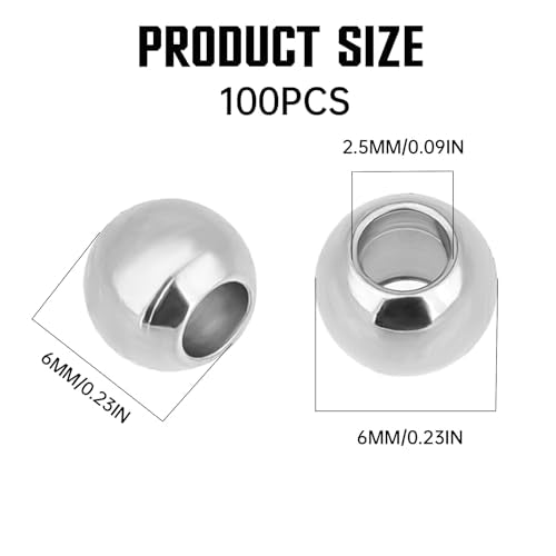 100 Pcs Stainless Steel Spacer Beads, 6mm Metal Spacer Beads, 2.5mm Hole 304 Stainless Steel Rondelle Loose Bead for DIY Bracelet Jewelry Making Silver Metal Bead for Jewelry Making