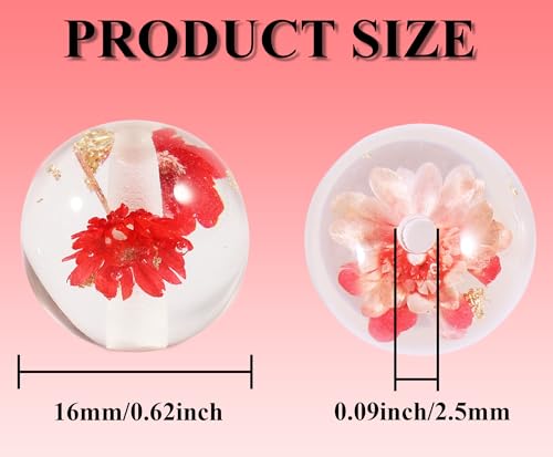 15Pcs Resin Beads Round 16mm Dried Flowers Red Fit for DIY Jewelry Bracelet Necklace Keychain Beadable Pens Mobile Phone Chain Making Cute (Flower-Red) - color: Flower-Red