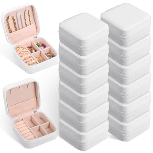 12 Pack White Travel Jewelry Case, PU Leather Mini Jewelry Organizer Box, Portable Earring Storage Box for Women, Girls, Bridesmaid Gifts(3.94 x 3.94 x 1.97 Inches)
