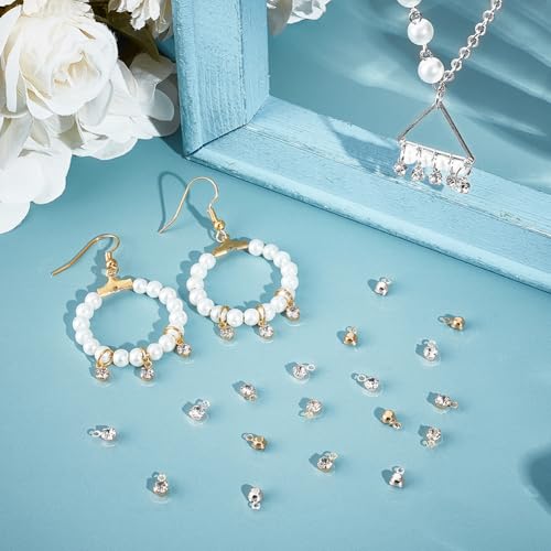 Beebeecraft 50Pcs 2 Colors Round Rhinestone Charms 18K Gold & 925 Sterling Silver Plated Cubic Zirconia Crystal Clear Pendant Charms for Jewelry Making DIY Supplies - color: Gold & Silver