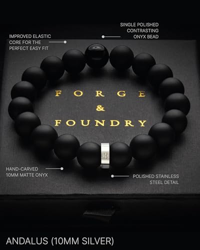 Forge & Foundry Men’s Matte Black Solid Onyx Beaded Bracelet | 10mm, 8mm, 6mm Bead Size Options | Signature Stainless Steel Engraved Bead | Andalus - color: 10mm Silver, size: Medium