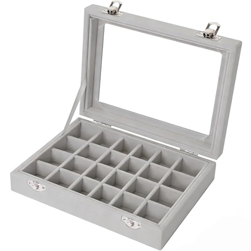 Velvet Jewelry Box 24 Grid Jewelry Earrings Display Organiser Box Ring Tray Holder Earrings Storage Case for Girls Women Wife Mom (Gray) - color: Gray