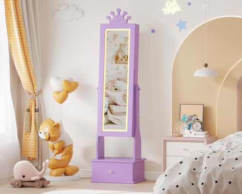 Kids Jewelry Armoire Cabinet with Full-Length Mirror, 46" Jewelry Armoire with Led Light, Kids Jewelry Organizer with 3 Storage Drawers, Kids Vanity Dress Up Mirror Jewelry Cabinet for Girls(Purple) - size: purple