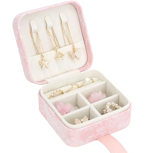 DesignSter Jewelry Box, Buckle Women's Small Travel Jewelry Box, Small Portable Jewelry Storage Box with Jacquard Embroidery for Rings Earrings Necklaces Bracelets, Pink - color: Blue