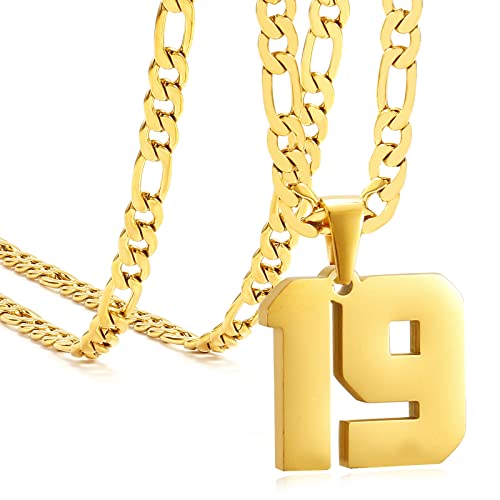 Personalized Jersey Number Necklaces for Mens,Athletes Stainless Steel Sport Number Pendant Chain for Mens Baseball/Basketball/Football Team Inspiration Jewelry with Gifts - color: Gold, style: 19 Gold