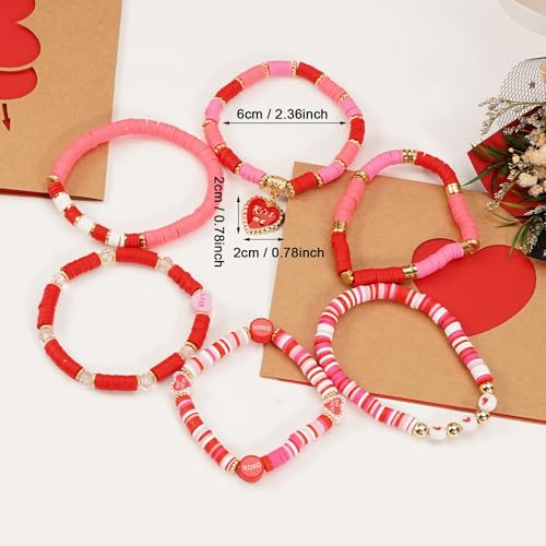 6PCS Valentine’s Day Clay Heishi Bracelet Set for Women- Red Pink Heart Love KISS XOXO Beaded Stretch Bracelets - Handmade Polymer Clay Crystal Glass Stackable Jewelry Gift for Galentine's Anniversary - color: LOVE-04