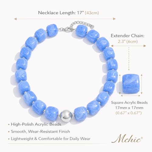Mchic Colorful Beaded Choker Necklace for Women: Boho Large Square Acrylic Beaded Necklace Stainless Steel Adjustable Surfer Beach Strand Necklaces Summer Handmade Jewelry Gift for Women - color: Blue-Silver