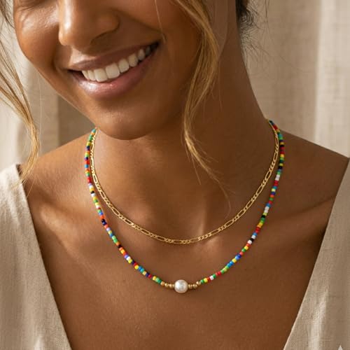 Colorful Gold Stack Seed Beaded Choker Necklace Set for Women,Handmade Boho Fashion Christian Cross Heart Freshwater pearl Jewelry,Valentine's Summer Holiday Beach Friendship Gift - color: Pearl