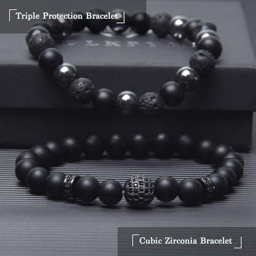 Black Obsidian Bracelet for Men - Black Tourmaline Beaded Bracelets - Mens Bracelet Set 8MM Black Onyx Hematite Lava Stone Beads Triple Protection Bracelet for Men Women Gifts